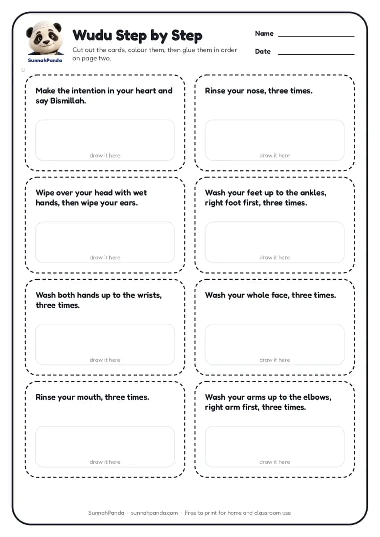 Page one of the Wudu Step by Step worksheet